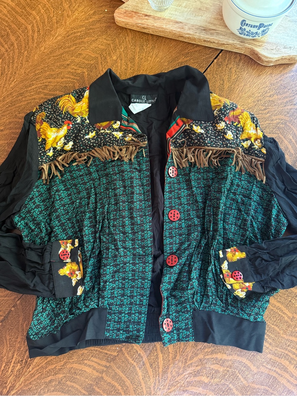 Vintage Chicken Hen western Carole Little Green & Black Patterned Fringe Jacket